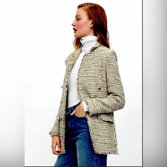 Zara Jackets & Blazers - ZARA Tweed Open Blazer Jacket Tan Cream Sz Small